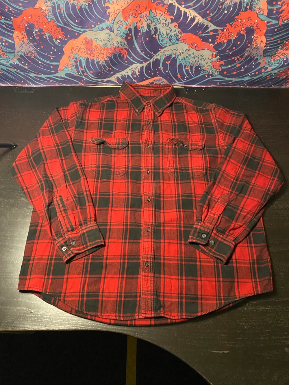 George Red and Black Plaid Flannel Button-Down Shirt